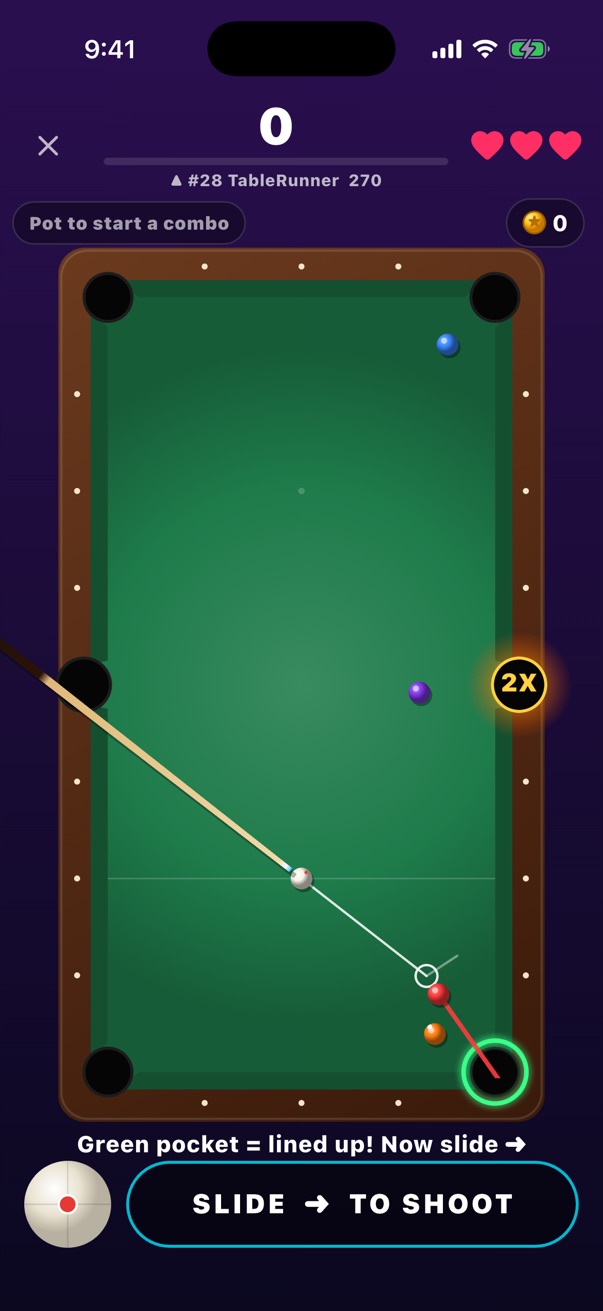 Aiming a shot with the guide line, the target pocket glowing green