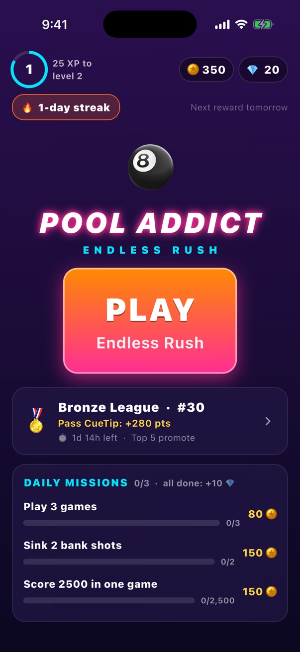 Home screen with level, coins, daily missions and the Play button