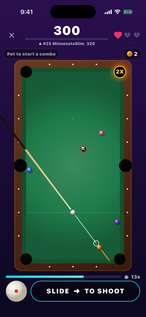 A run in progress with a bomb ball, the hot 2X pocket and the shot clock