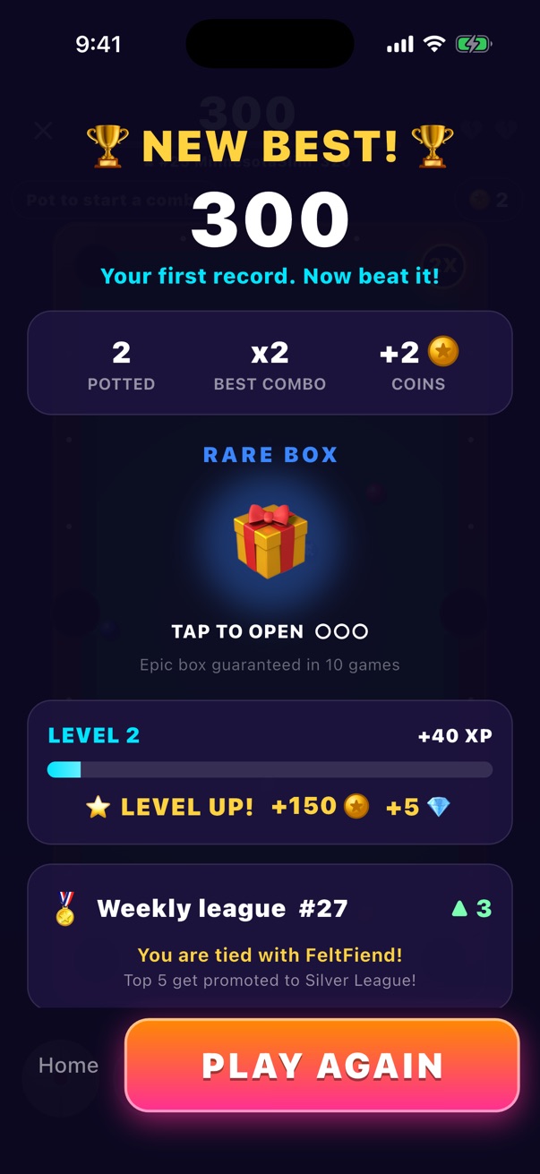 Run results with a new best score, a rare mystery box and a level-up